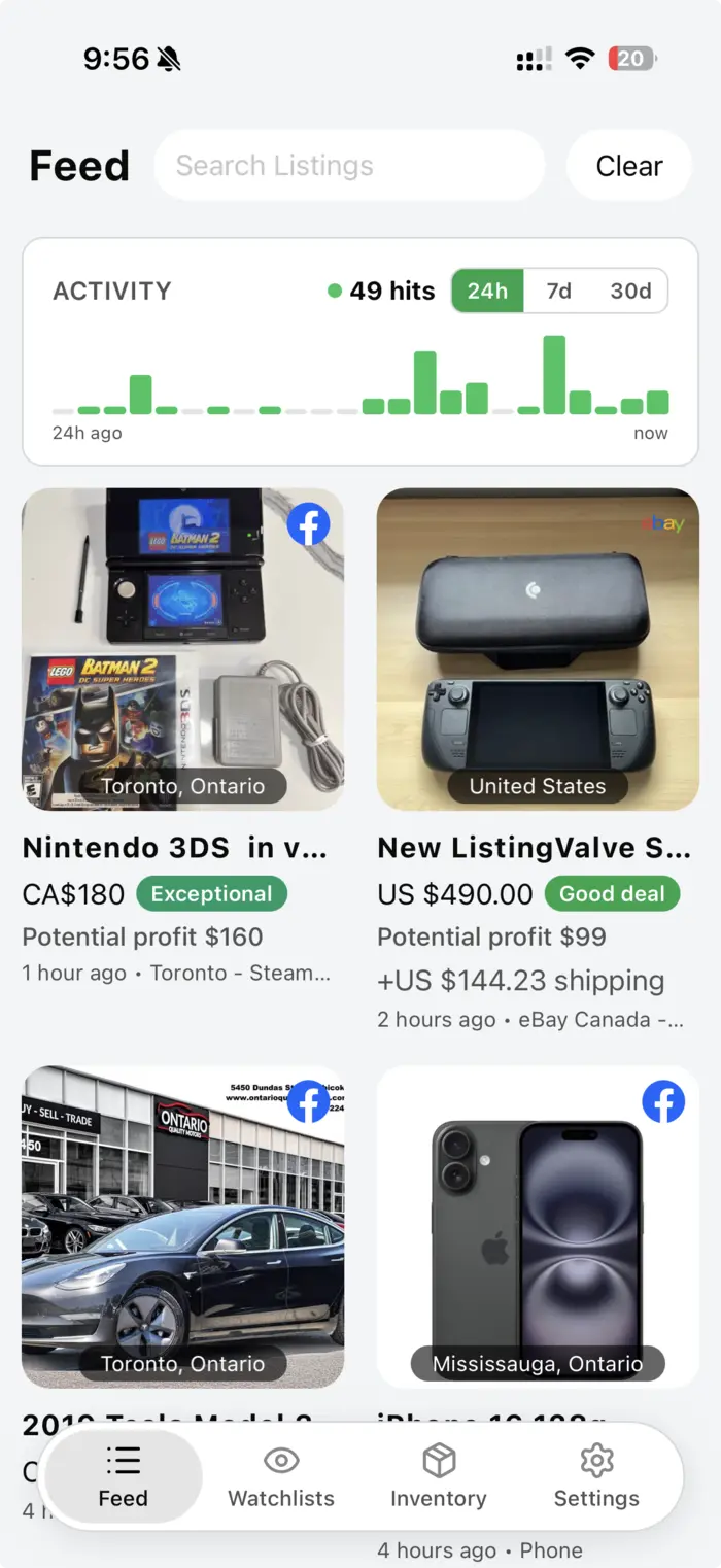 Flipify feed showing marketplace deals and potential profit estimates